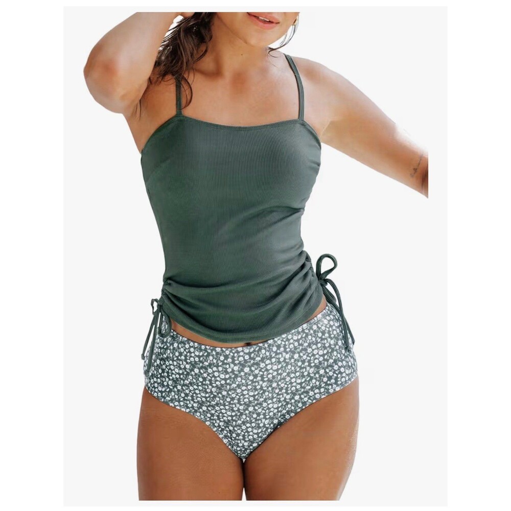 CUPSHE Women's Tankini Set Two Piece Swimsuit Ruched Drawstring Bathing Suits